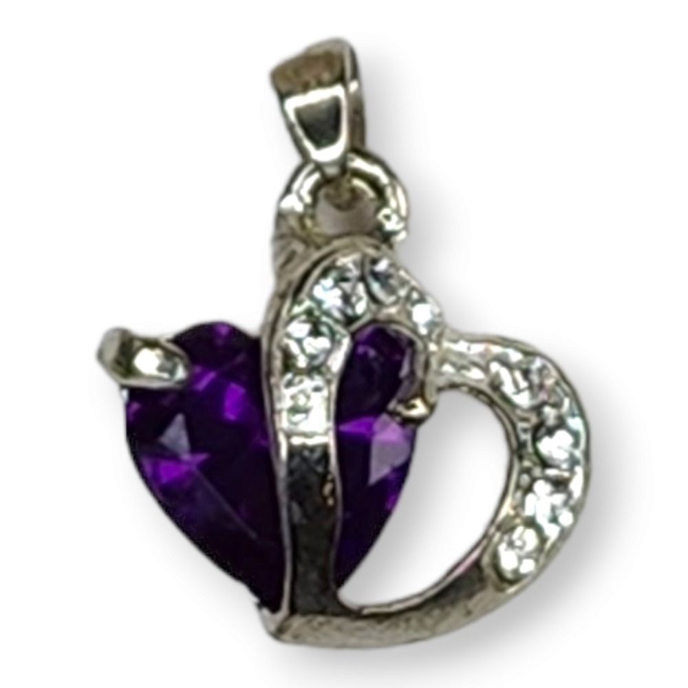 Vintage Heart Pendant‎ Silver Tone Glass Purple Faceted Rhinestone Romantic